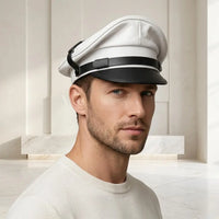 Luxury Handmade White & Black Leather Captain Cap