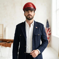 Handmade Red & Black Leather Captain Cap – Gothic Biker Cosplay Statement Headwear