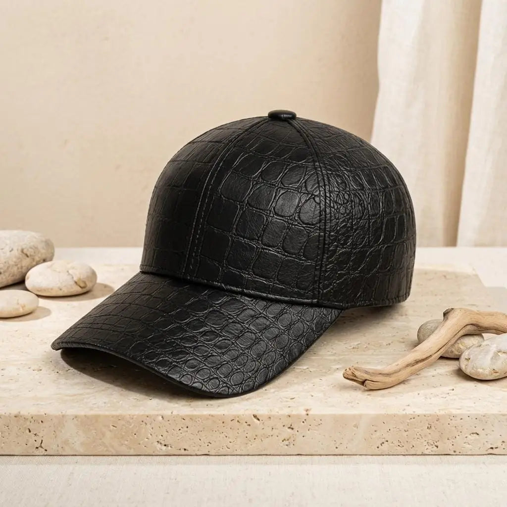Crocodile Embossed Genuine Leather Baseball Cap – Luxury Men’s Streetwear