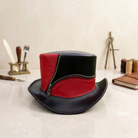 Steampunk Top Hat | Red & Black Gothic Leather Hat with Zipper Detail