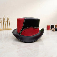 Steampunk Top Hat | Red & Black Gothic Leather Hat with Zipper Detail