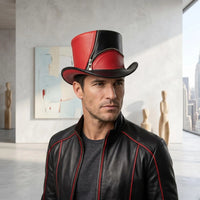 Steampunk Top Hat | Red & Black Gothic Leather Hat with Zipper Detail