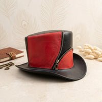 Steampunk Top Hat | Red & Black Gothic Leather Hat with Zipper Detail