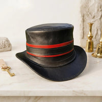Steampunk Black Leather Top Hat with Crimson Bands | Victorian Cosplay Headwear