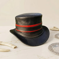 Steampunk Black Leather Top Hat with Crimson Bands | Victorian Cosplay Headwear