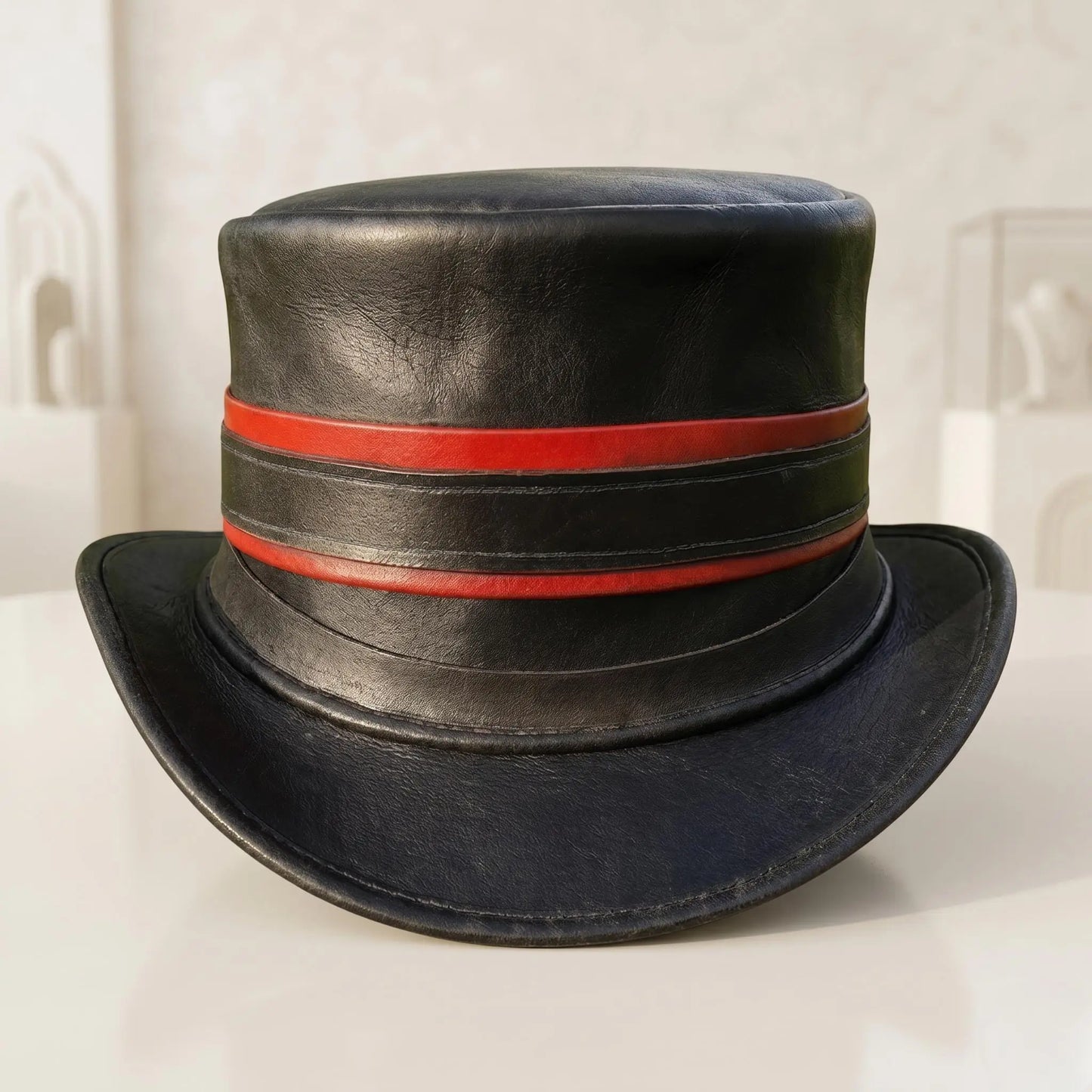 Steampunk Black Leather Top Hat with Crimson Bands | Victorian Cosplay Headwear