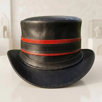 Steampunk Black Leather Top Hat with Crimson Bands | Victorian Cosplay Headwear