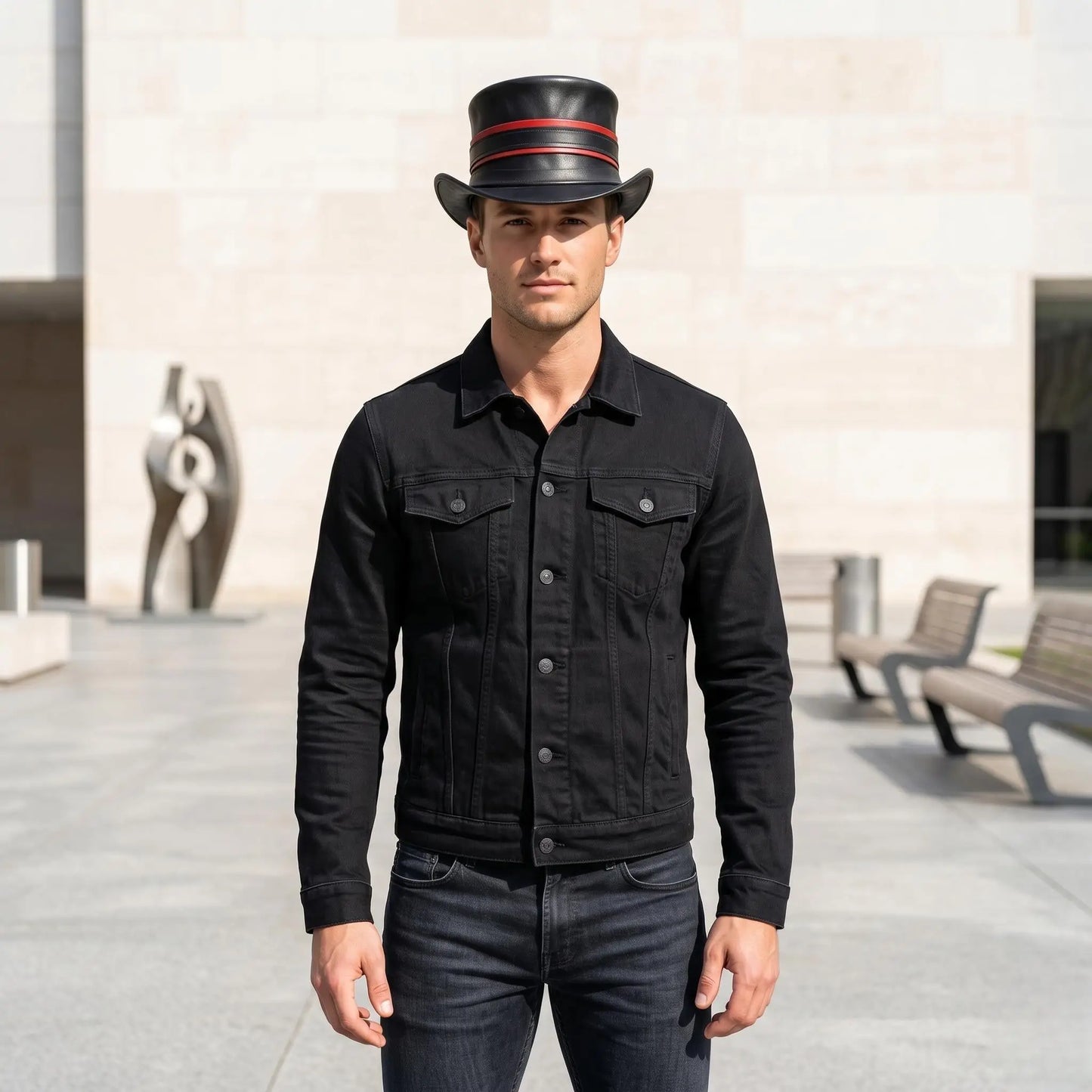 Steampunk Black Leather Top Hat with Crimson Bands | Victorian Cosplay Headwear