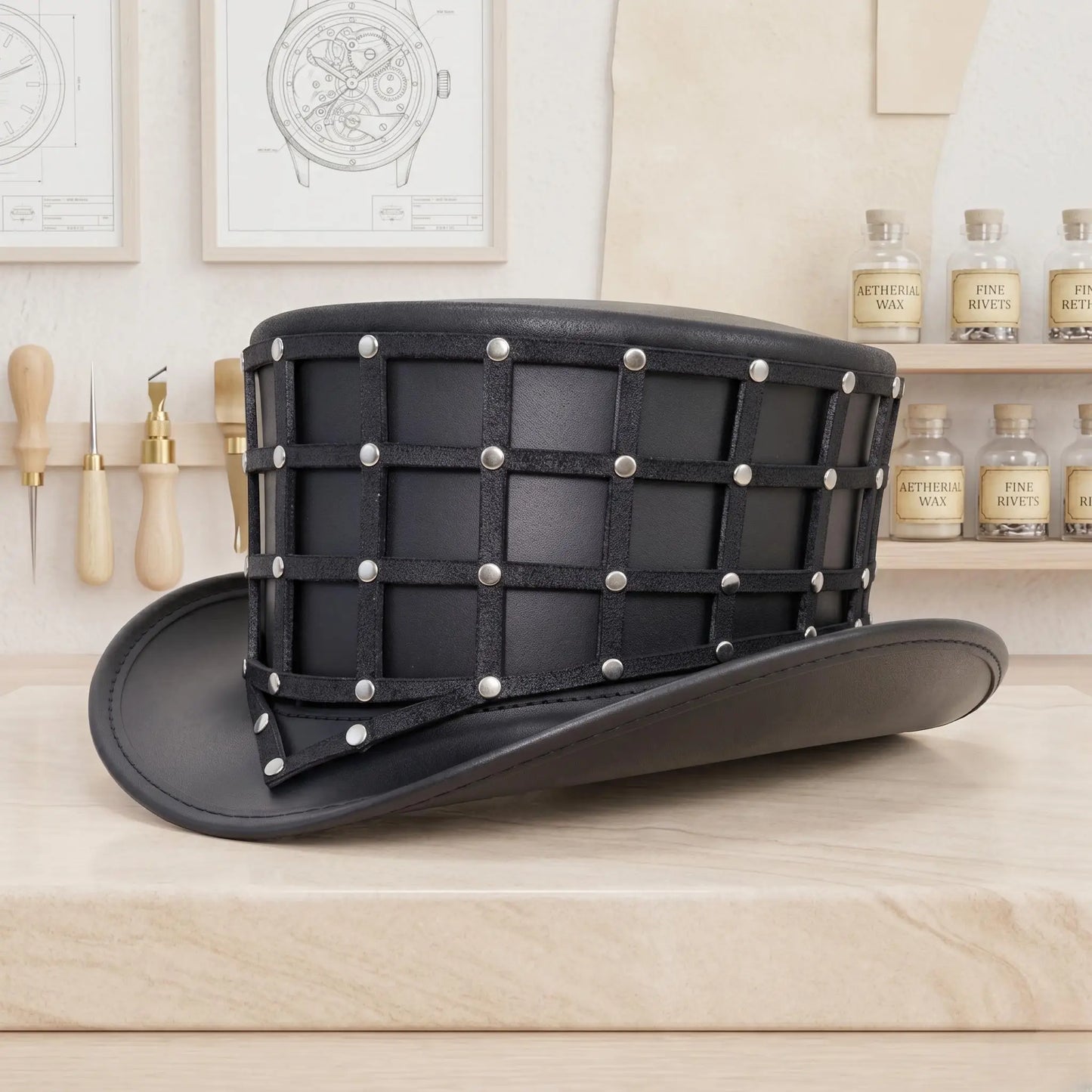 Handmade Black Leather Steampunk Top Hat | Gothic Victorian Cosplay