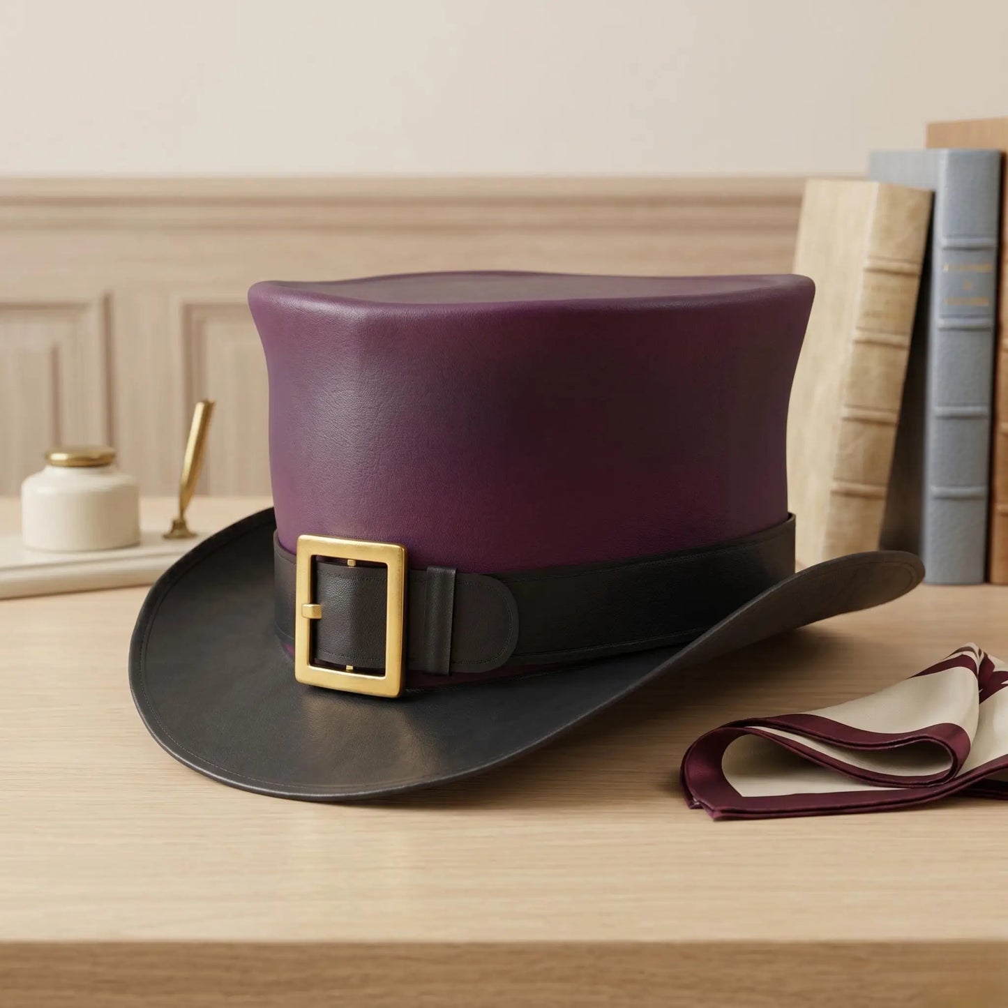 Vintage Burgundy Leather Top Hat – Steampunk & Regal Gothic Headwear