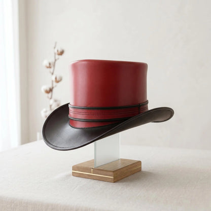 Handmade Red Leather Steampunk Top Hat – Victorian Gothic Cosplay & Festival Headwear