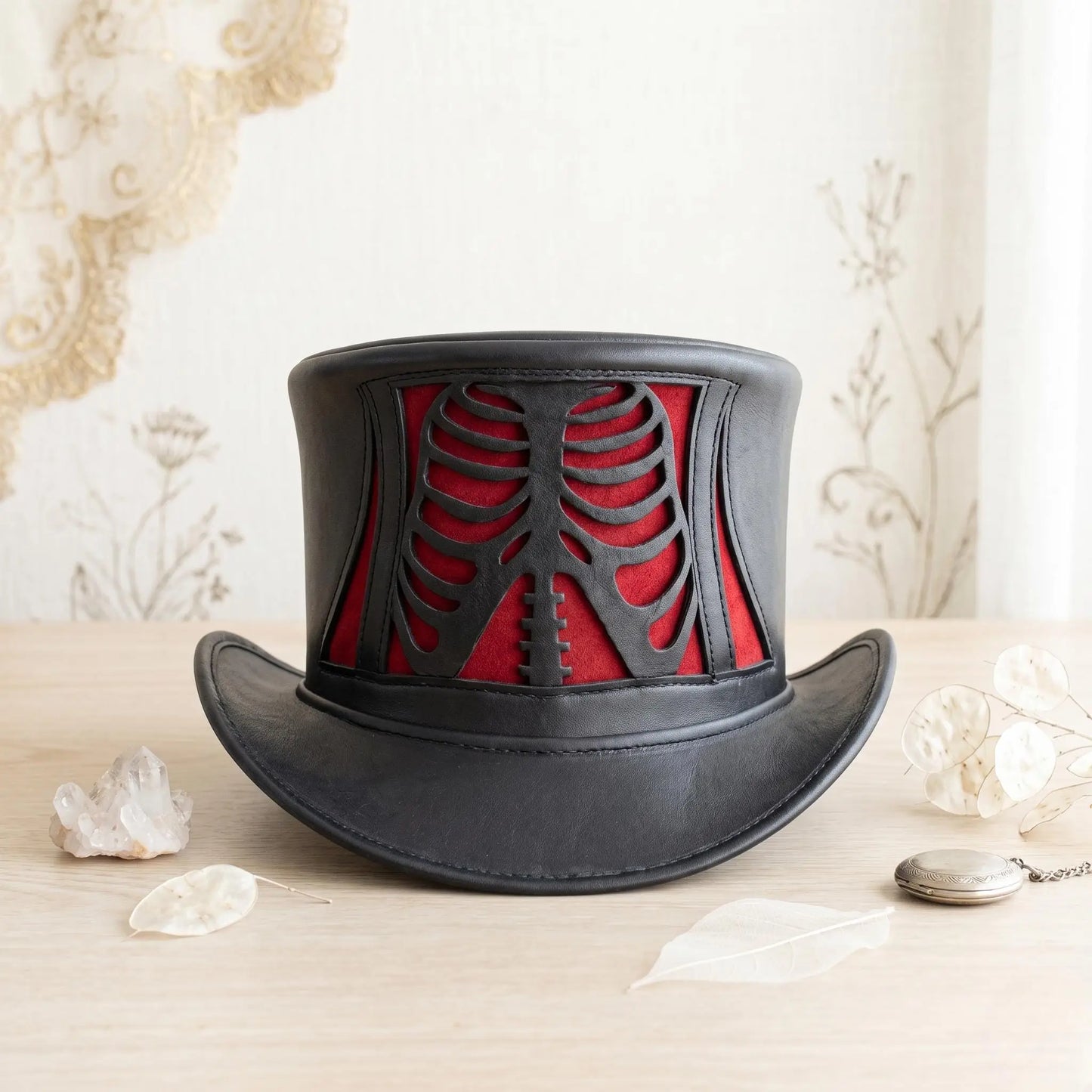Gothic Skeleton Top Hat with Red Rib Cage Panel – Steampunk & Dark Fantasy Costume Accessory