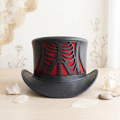Gothic Skeleton Top Hat with Red Rib Cage Panel – Steampunk & Dark Fantasy Costume Accessory