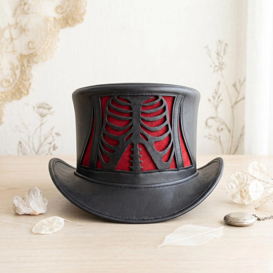 Gothic Skeleton Top Hat with Red Rib Cage Panel – Steampunk & Dark Fantasy Costume Accessory