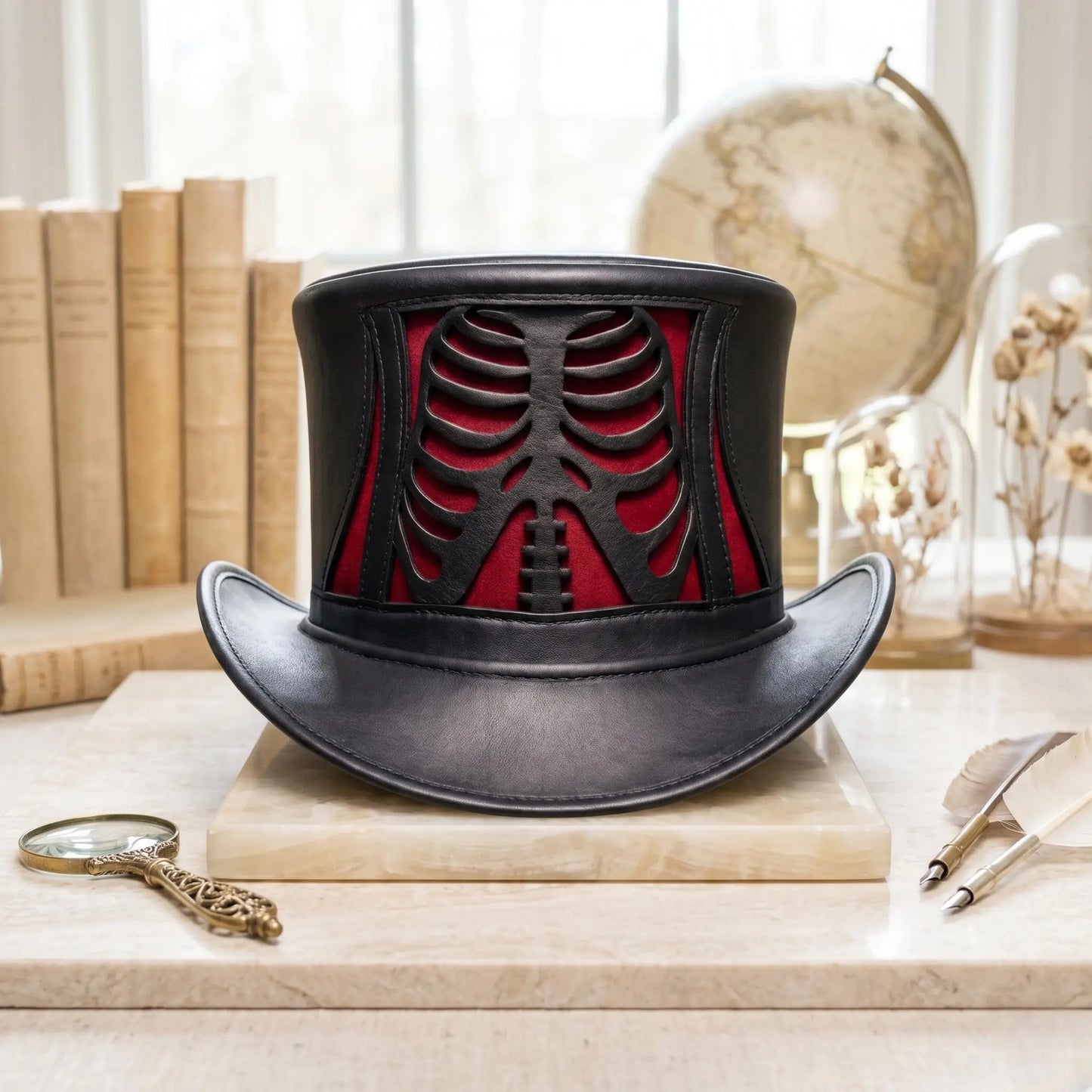 Gothic Skeleton Top Hat with Red Rib Cage Panel – Steampunk & Dark Fantasy Costume Accessory