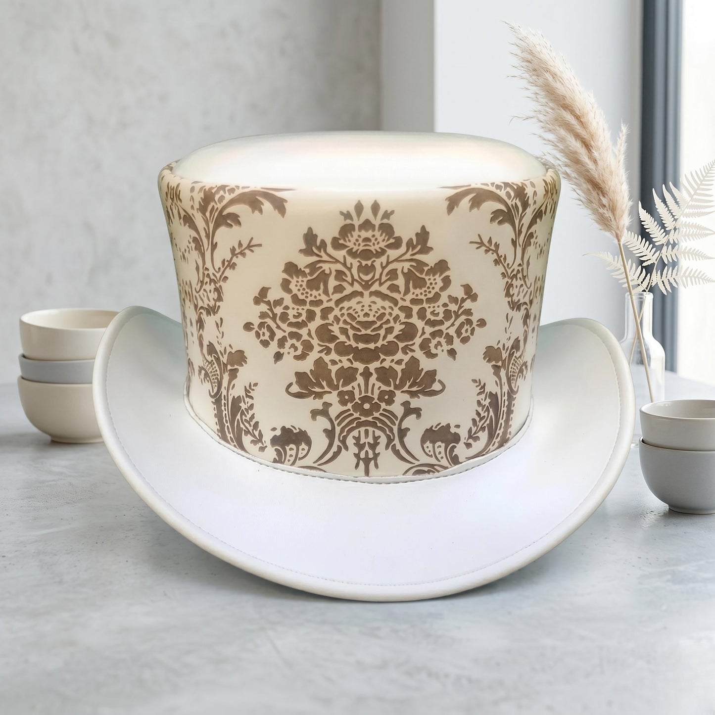 Steampunk Victorian Top Hat – White Damask Cosplay & Formal Event Headwear