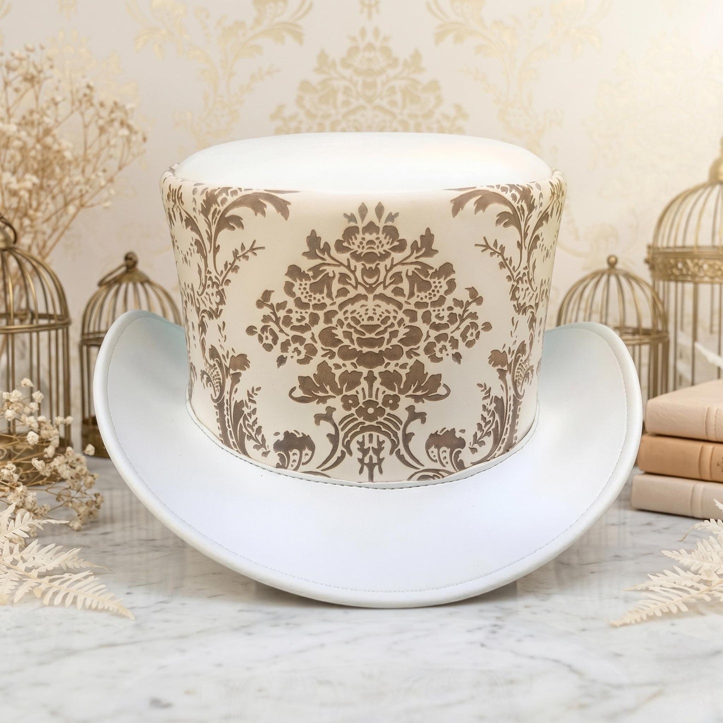 Steampunk Victorian Top Hat – White Damask Cosplay & Formal Event Headwear