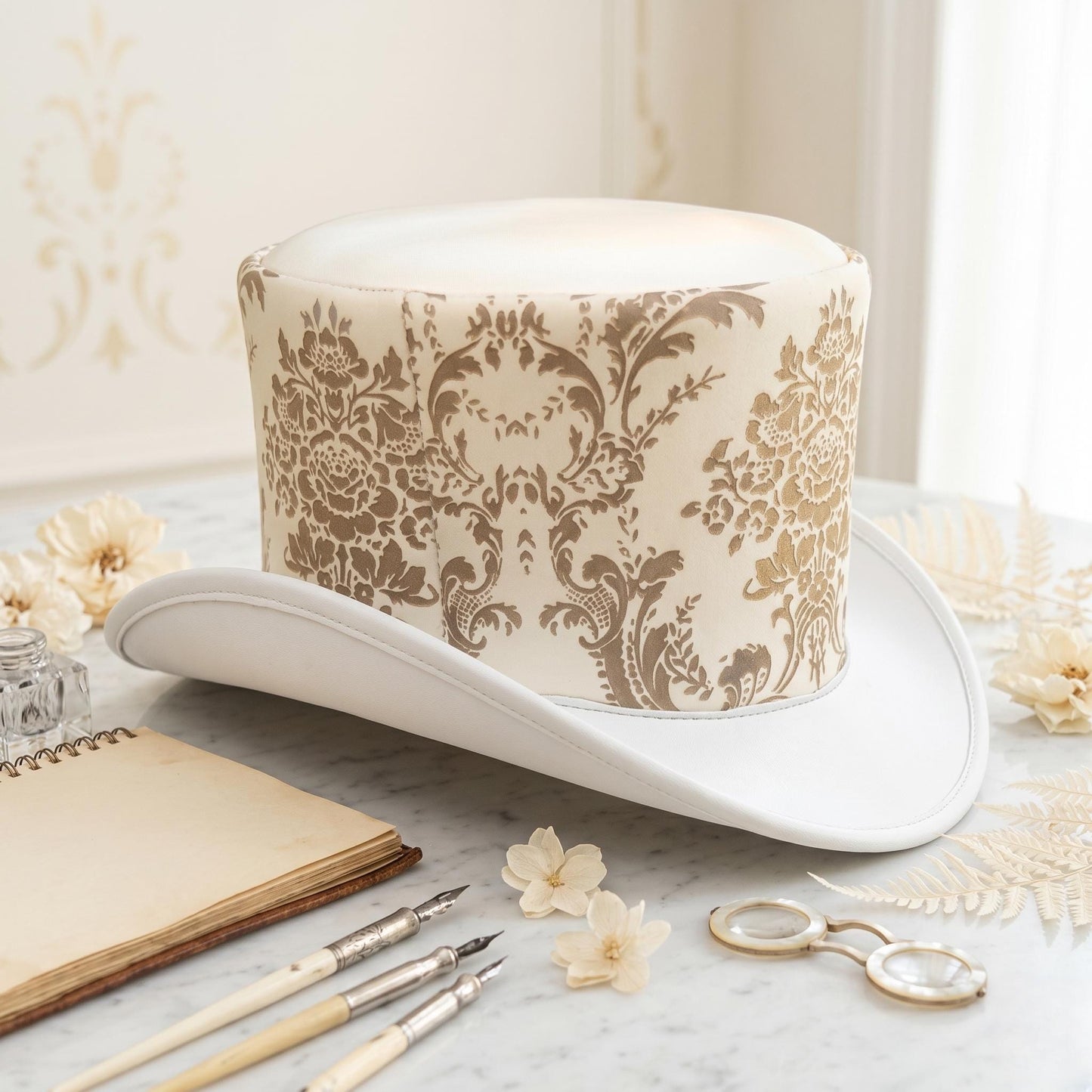 Steampunk Victorian Top Hat – White Damask Cosplay & Formal Event Headwear