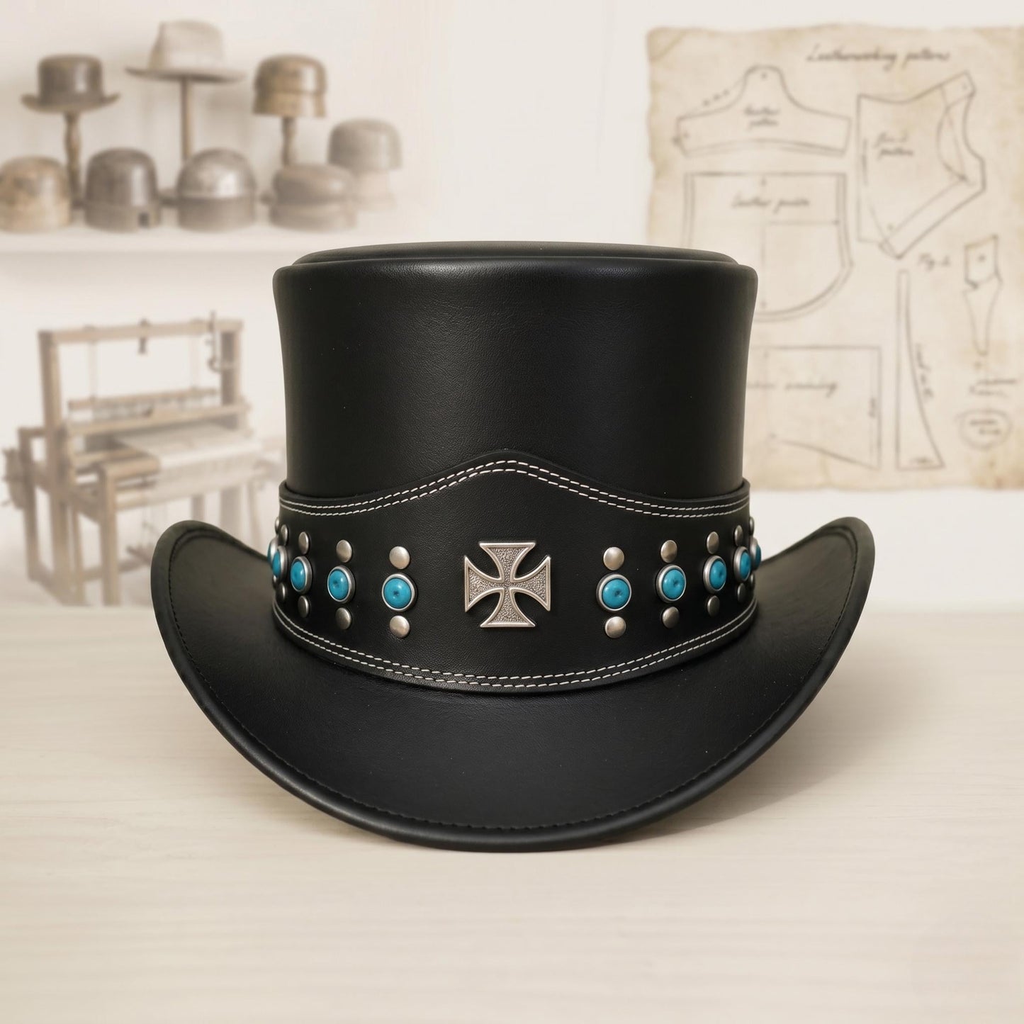 Handmade Black Leather Steampunk Top Hat | Gothic & Festival Fashion