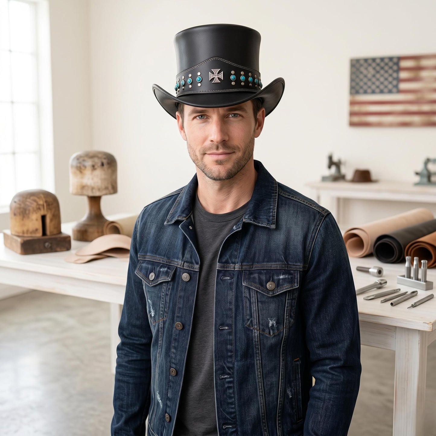 Handmade Black Leather Steampunk Top Hat | Gothic & Festival Fashion