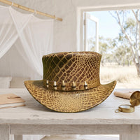 Brown Reptile-Embossed Leather Top Hat: Steampunk Victorian Accessory