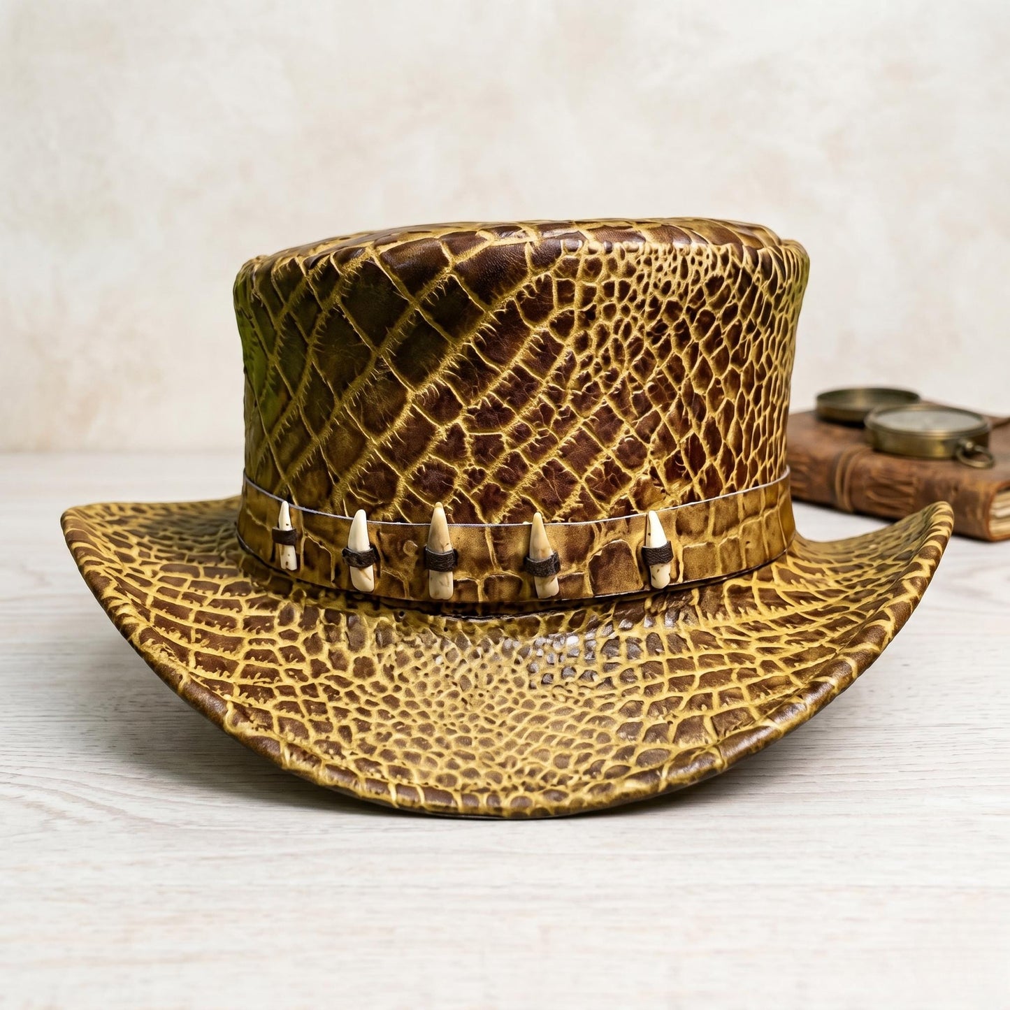 Brown Reptile-Embossed Leather Top Hat: Steampunk Victorian Accessory