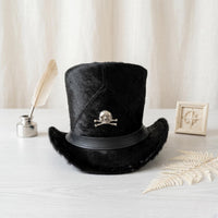 Black Fur Gothic Top Hat with Skull Emblem | Steampunk Victorian Statement Hat