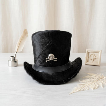 Black Fur Gothic Top Hat with Skull Emblem | Steampunk Victorian Statement Hat
