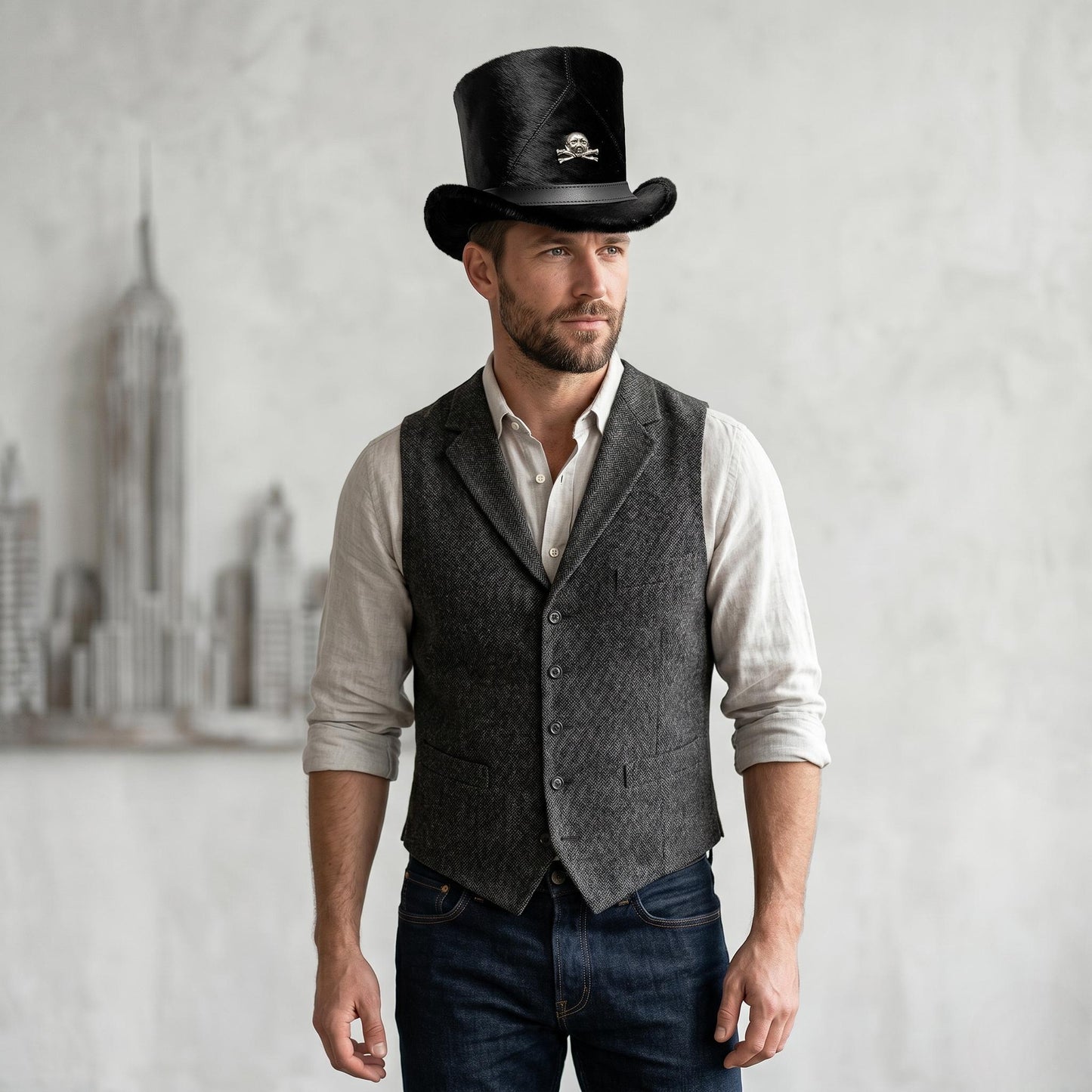 Black Fur Gothic Top Hat with Skull Emblem | Steampunk Victorian Statement Hat