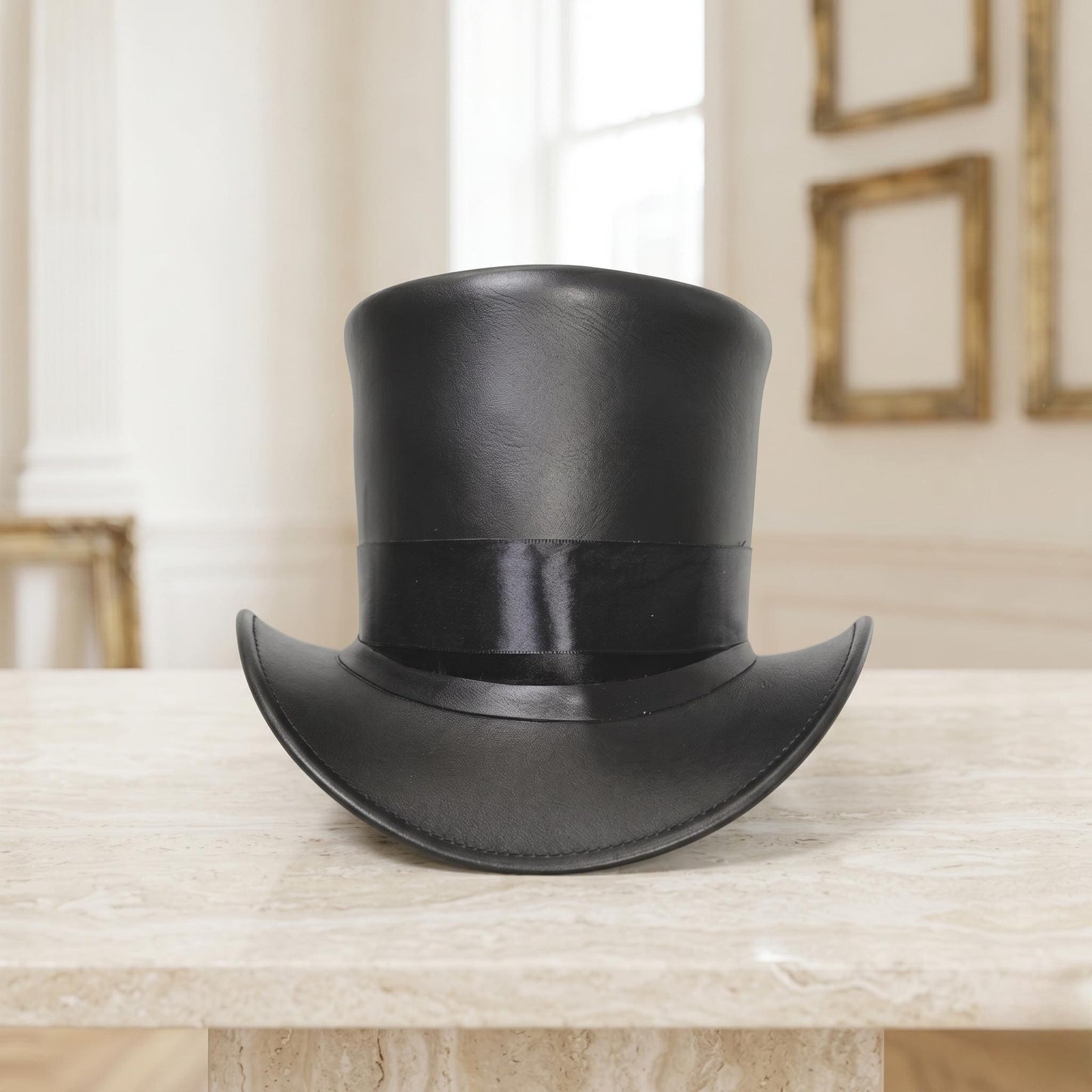 Handmade Black Leather Top Hat – Steampunk & Gothic Victorian Style