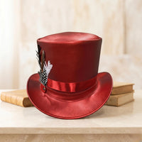 Red Metallic Leather Top Hat with Feather Accent – Steampunk & Festival Headwear