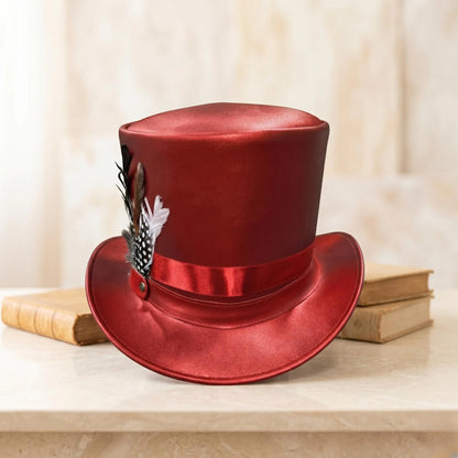 Red Metallic Leather Top Hat with Feather Accent – Steampunk & Festival Headwear