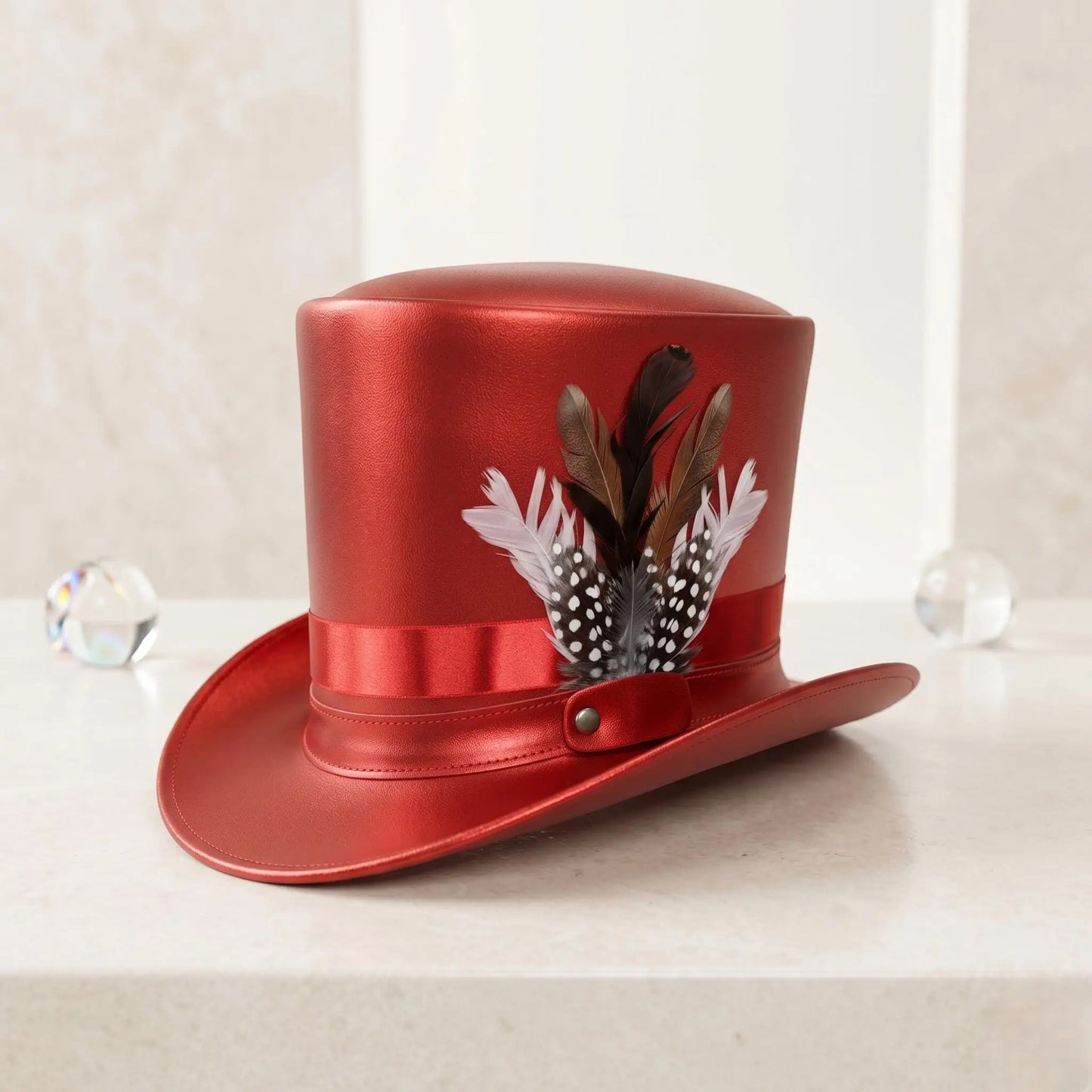 Red Metallic Leather Top Hat with Feather Accent – Steampunk & Festival Headwear