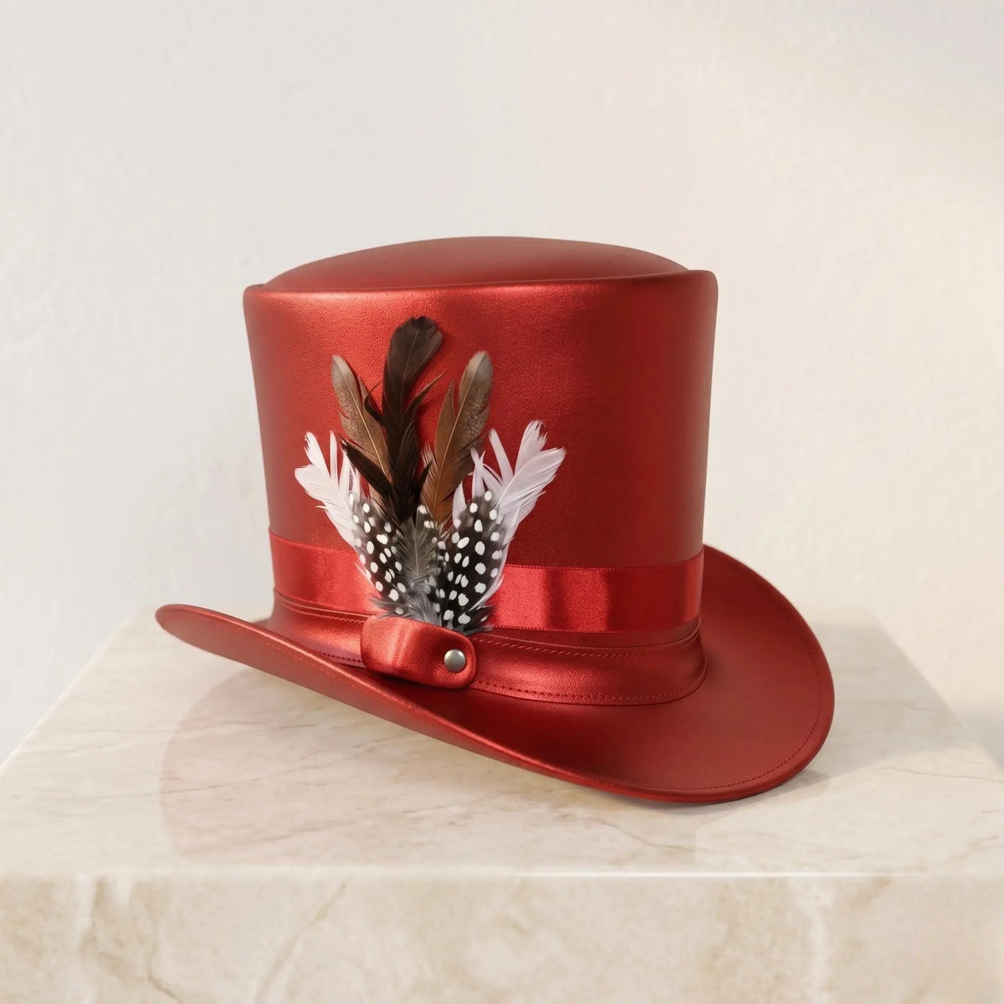 Red Metallic Leather Top Hat with Feather Accent – Steampunk & Festival Headwear
