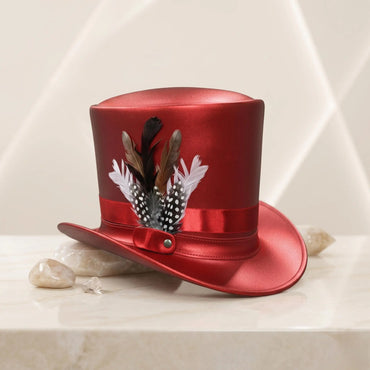 Red Metallic Leather Top Hat with Feather Accent – Steampunk & Festival Headwear