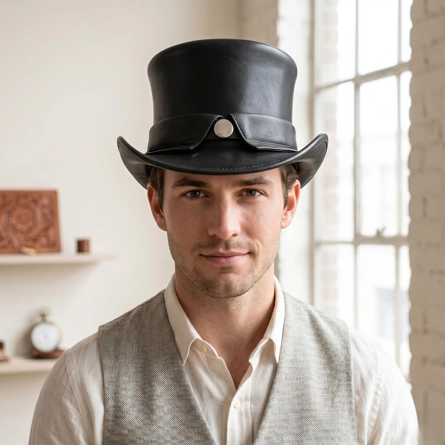 Black Leather Steampunk Top Hat Authentic Victorian Cosplay and Unisex Alternative Festival Fashion Headwear