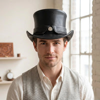 Black Leather Steampunk Top Hat Authentic Victorian Cosplay and Unisex Alternative Festival Fashion Headwear