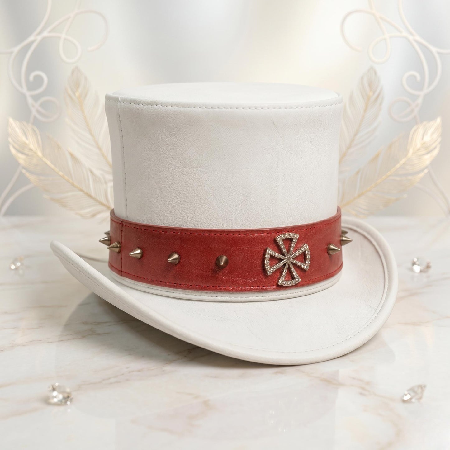 Handcrafted White Leather Steampunk Top Hat | Gothic & Cosplay Statement Headwear