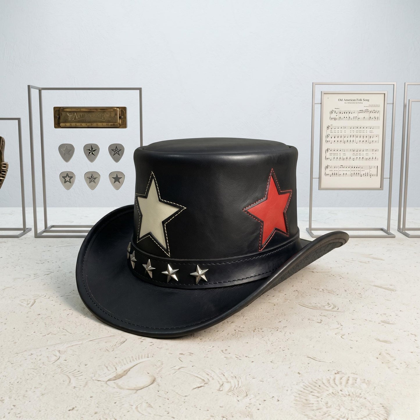 Black Leather Star Top Hat – Steampunk Gothic Rockstar Cosplay Hat