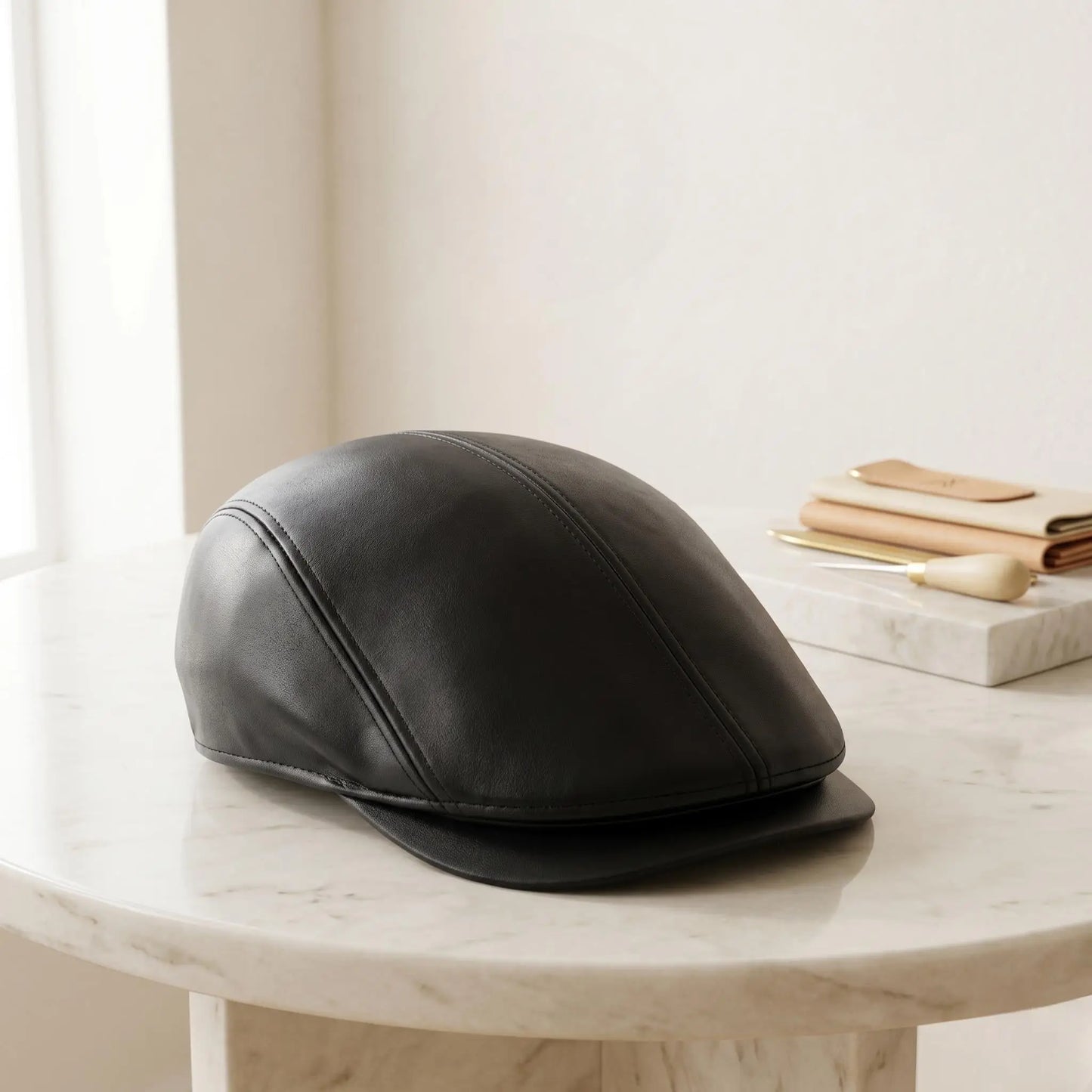 Men's Black Genuine Leather Flat Cap – Classic Ivy Vintage Driving Hat