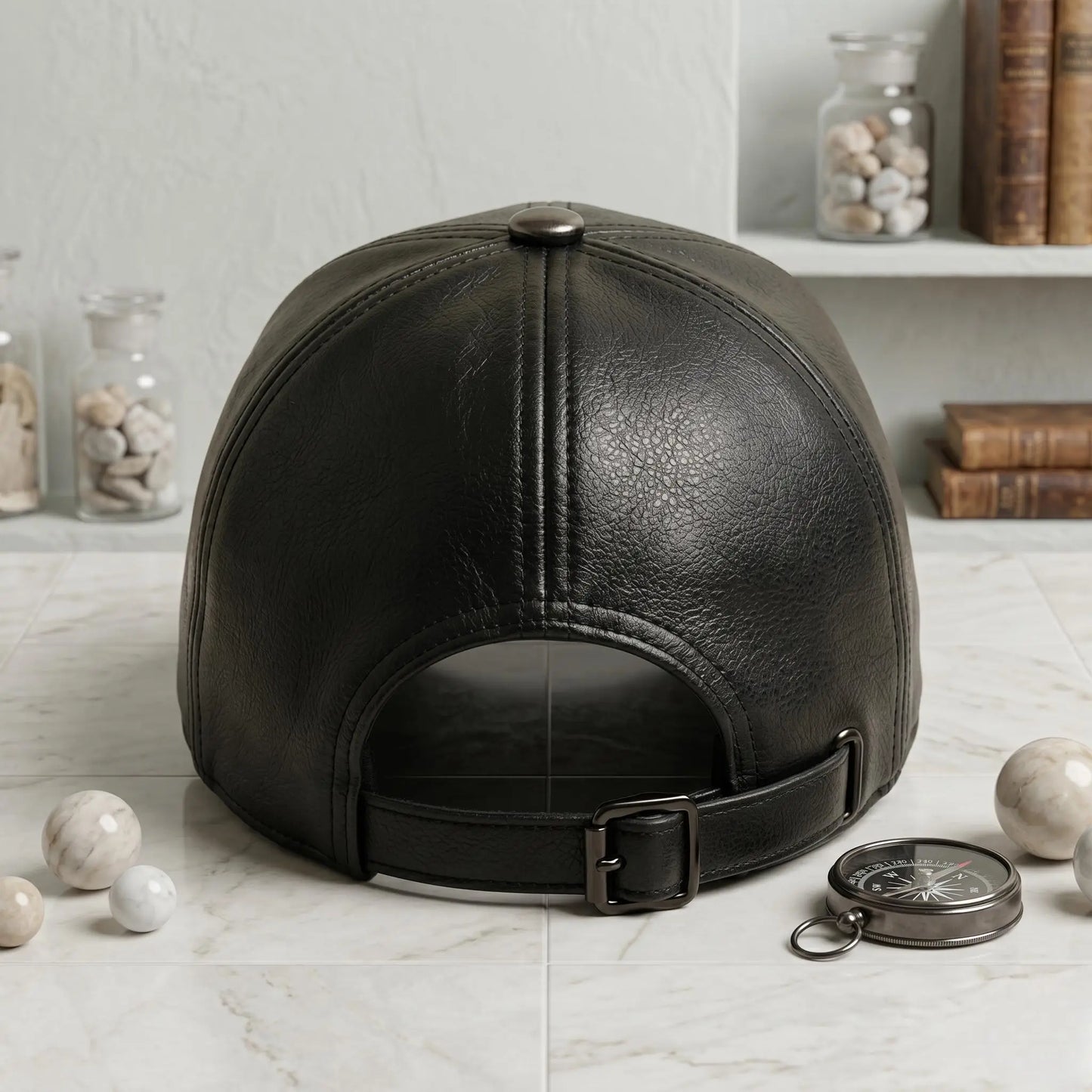 Black Leather Baseball Cap – Minimalist Streetwear Dad Hat