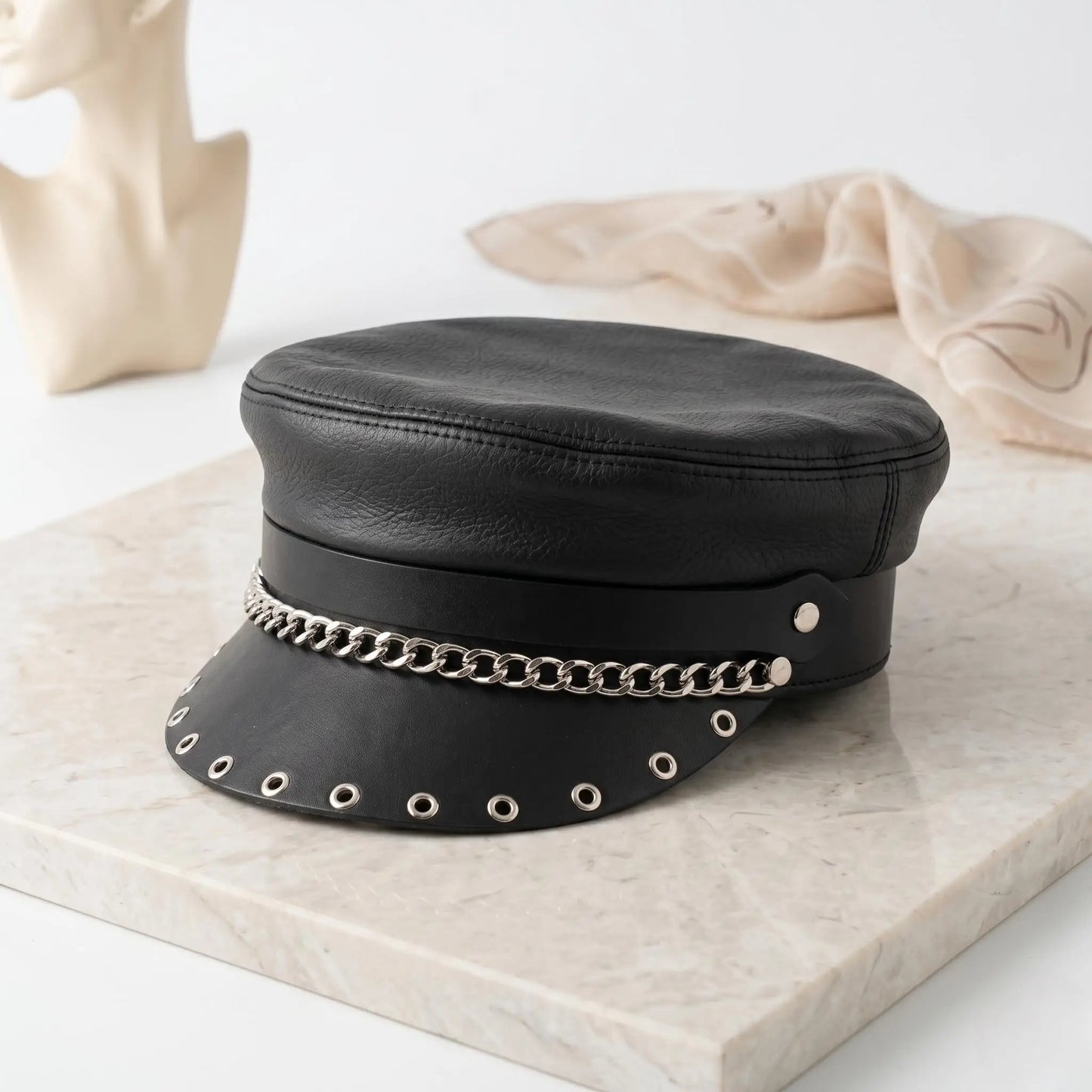 Alternative Edge Unisex Black Leather Biker Chain Cap