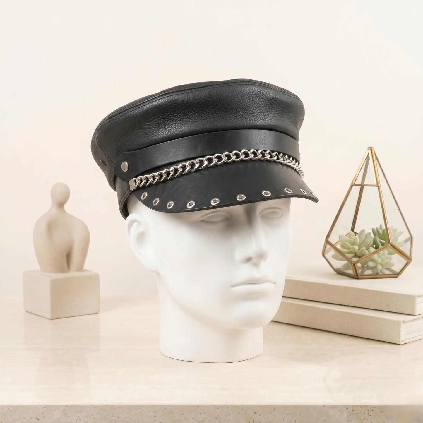 Alternative Edge Unisex Black Leather Biker Chain Cap