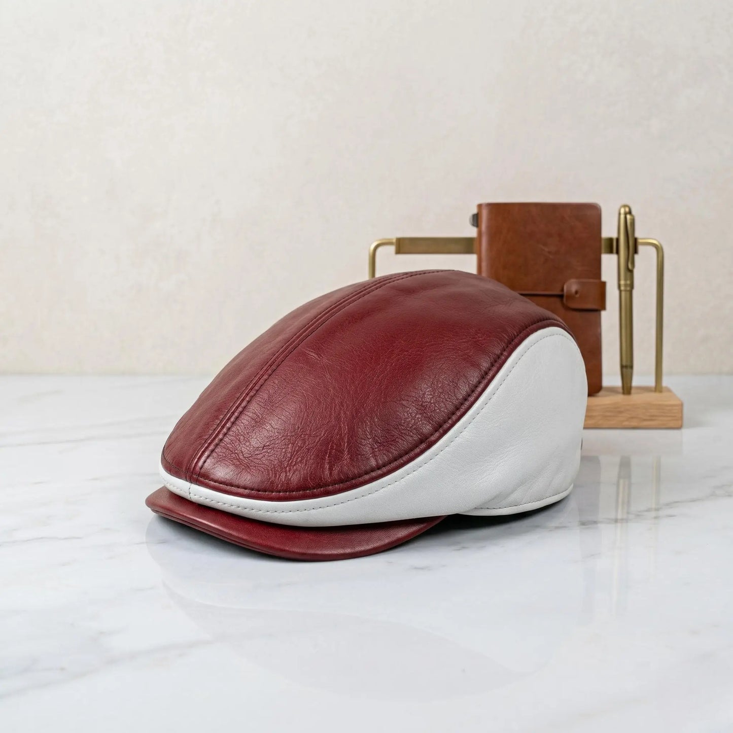 Handmade Men's Red & White Leather Flat Cap – Vintage Ivy Newsboy Driving Hat