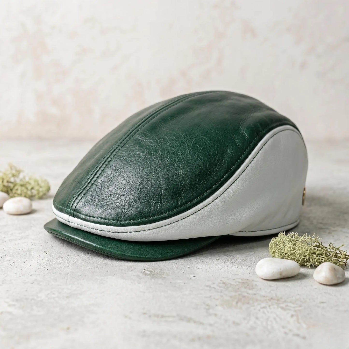 Men’s Green & White Leather Flat Cap | Vintage Ivy Driving Hat