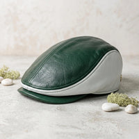 Men’s Green & White Leather Flat Cap | Vintage Ivy Driving Hat