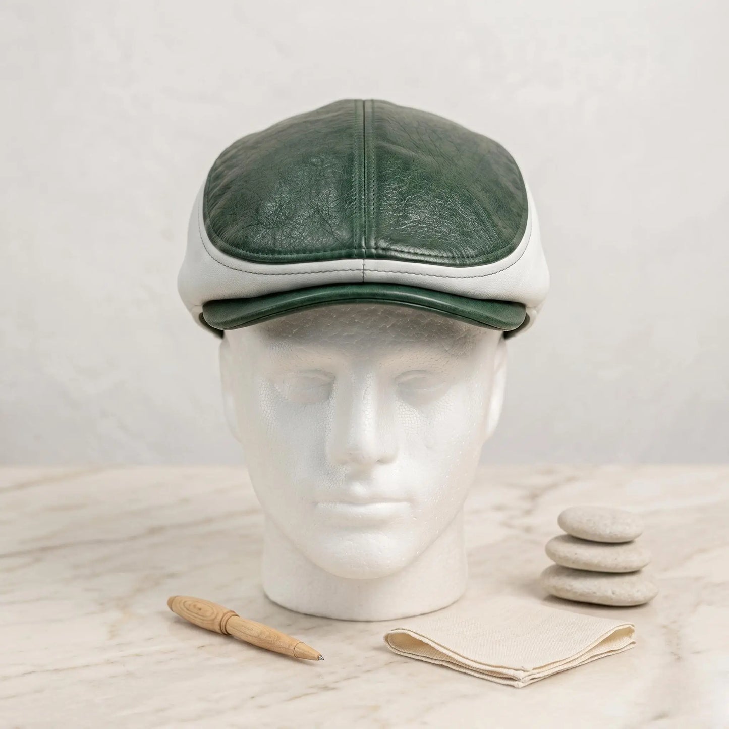 Men’s Green & White Leather Flat Cap | Vintage Ivy Driving Hat