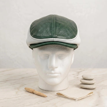 Men’s Green & White Leather Flat Cap | Vintage Ivy Driving Hat