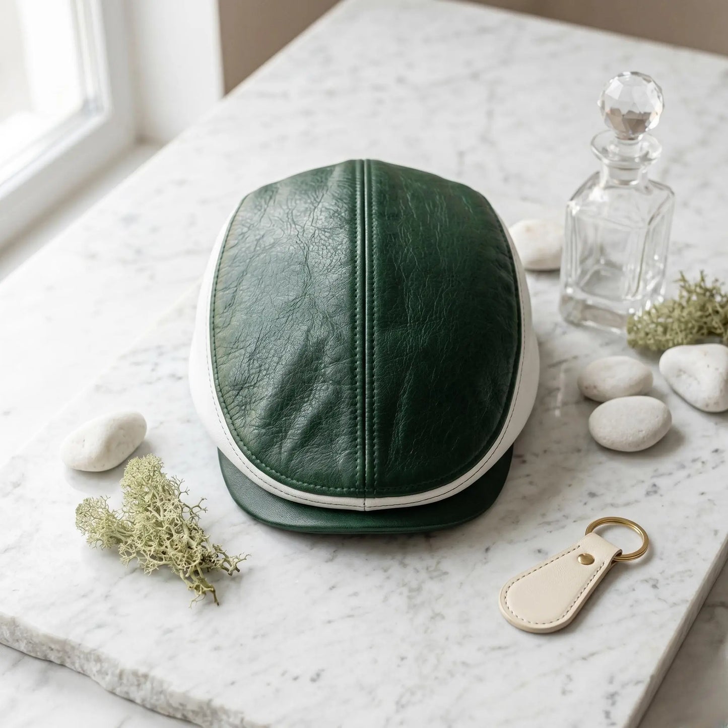 Men’s Green & White Leather Flat Cap | Vintage Ivy Driving Hat