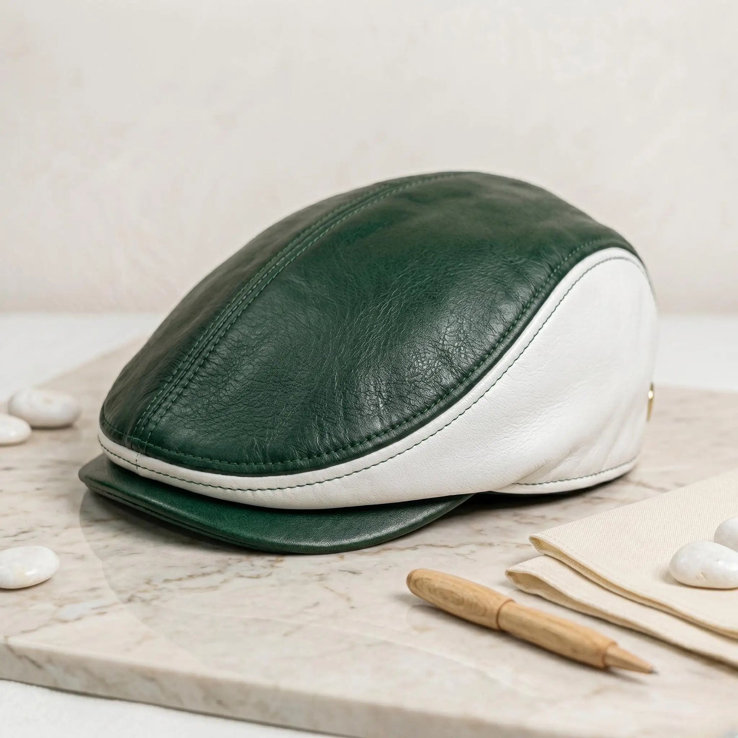 Men’s Green & White Leather Flat Cap | Vintage Ivy Driving Hat